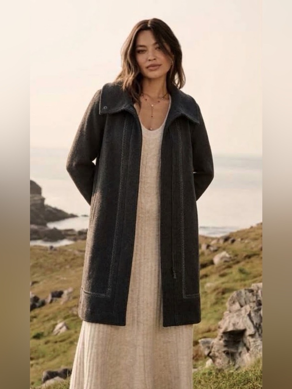 Hilary Radley 100% Boiled Wool A Line Pea Coat with Leather Trim Detail Black